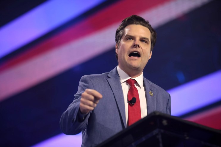 Matt Gaetz speaks at a podium.