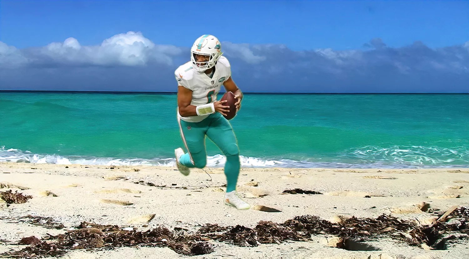 photo-illustration depicting Miami Dolphins quarterback Tua Tagovailoa, in full game uniform, dropping back for a pass on a beach.