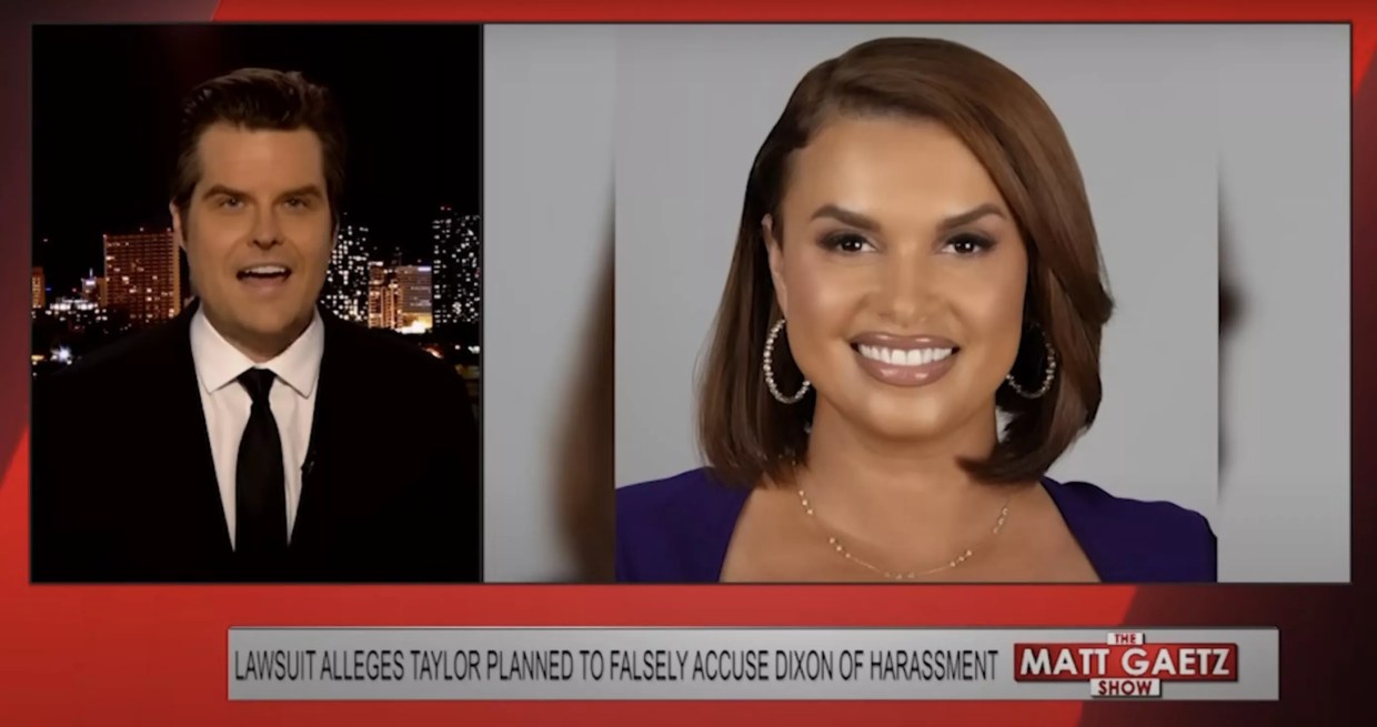 Matt Gaetz speaks on his show with a still image of Joy Taylor next to him