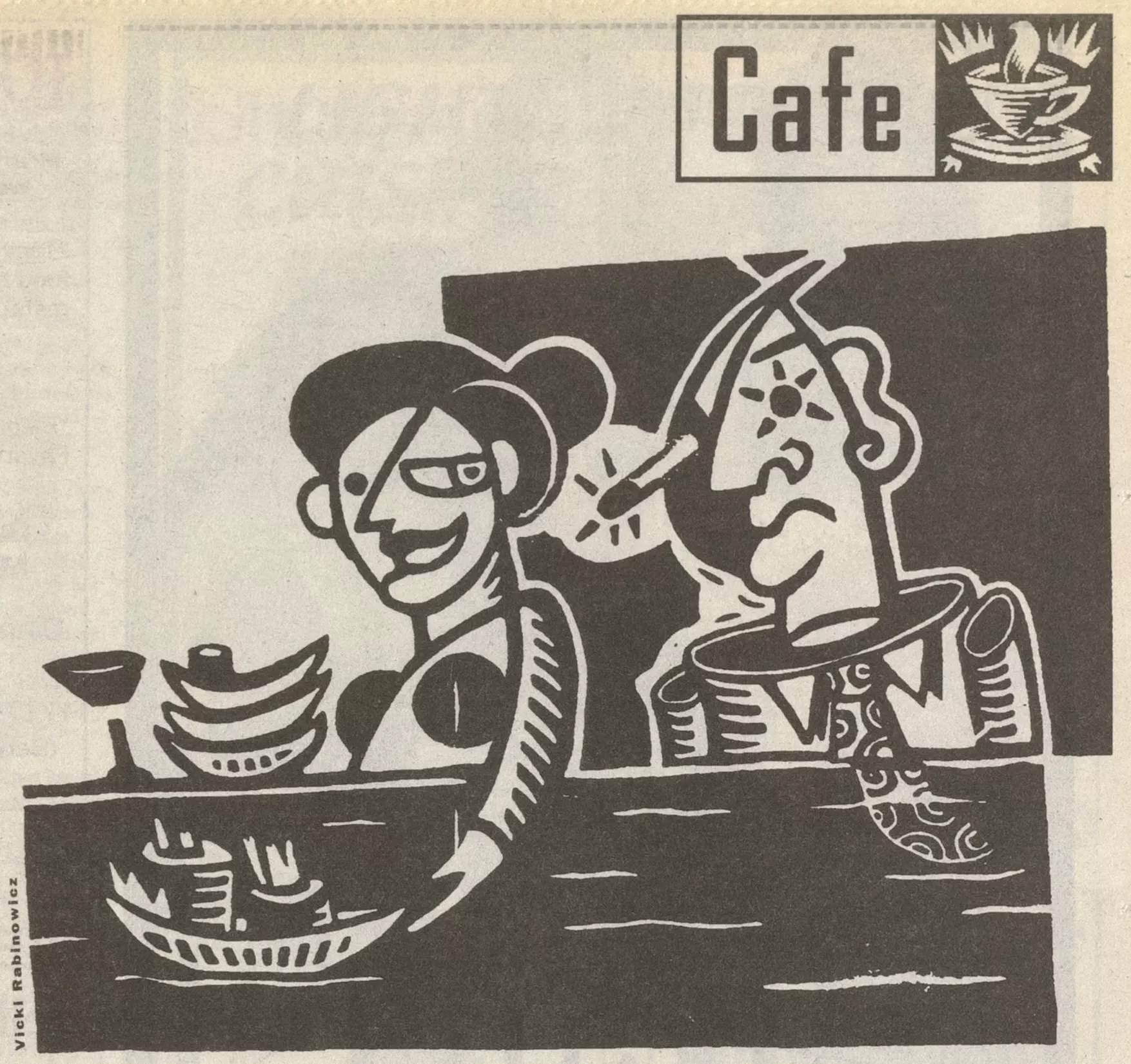 abstract black and white illustration of two people and a "sushi boat"