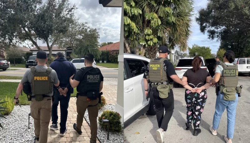 A collage of two photos. The photo on the left shows HSI agents detaining a man in handcuffs. The photo on the right is two HSI agents walking a woman to a car with zip ties around her wrists.