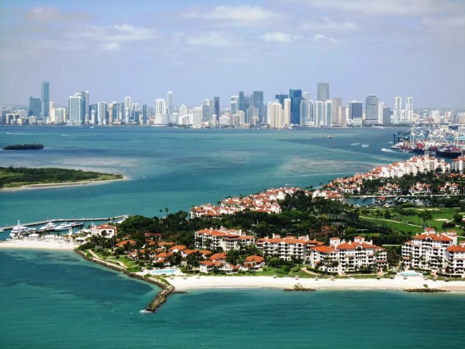 A photo of Fisher Island and the Miami skyline.