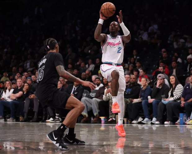Terry Rozier #2 of the Miami Heat attempts a shot during the second half against the Brooklyn Nets at Barclays Center on January 25, 2025