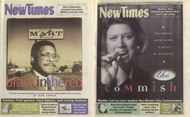 Screenshots of two Miami New Times print issues, featuring photos of a businessman and a county commissioner