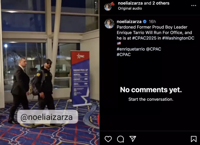 Screenshot of Instagram post of Enrique Tarrio getting escorted out of CPAC