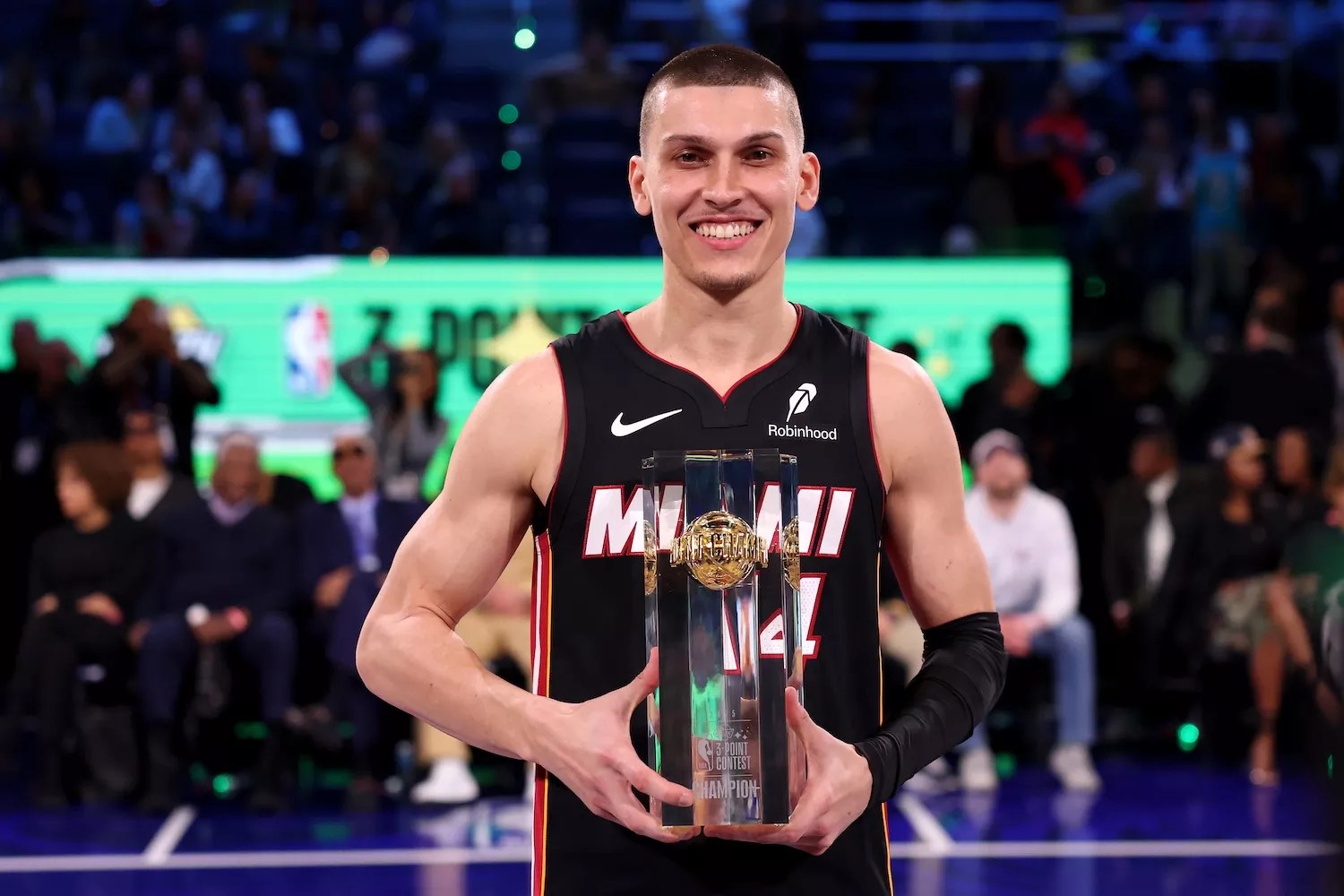 Tyler Herro #14 of the Miami Heat poses with the trophy after winning the 2025 Starry 3-Point Contest as part of the State Farm All-Star Saturday Night at Chase Center on February 15, 2025, in San Francisco, California.