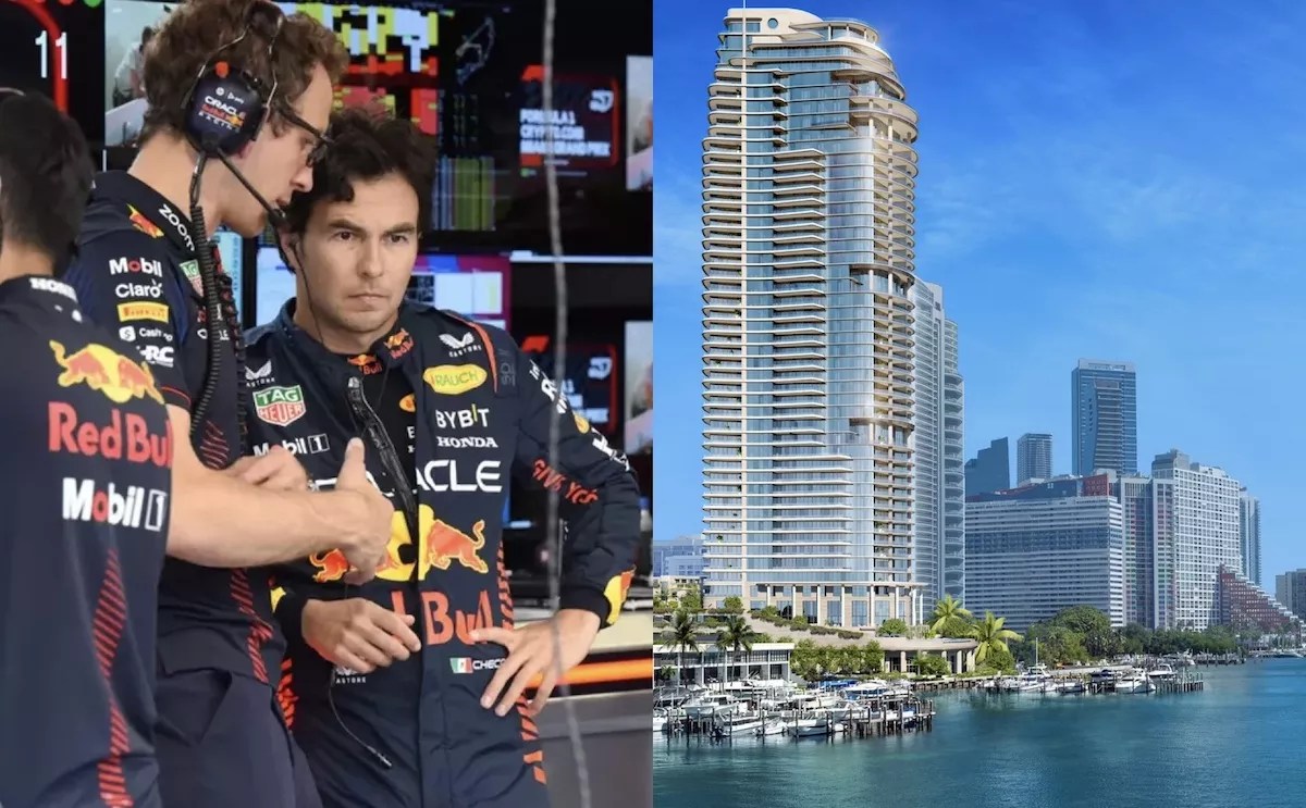 Formula 1 driver Sergio "Checo" Pérez in a photo collage with a rendering of the St. Regis Residences building in Miami.