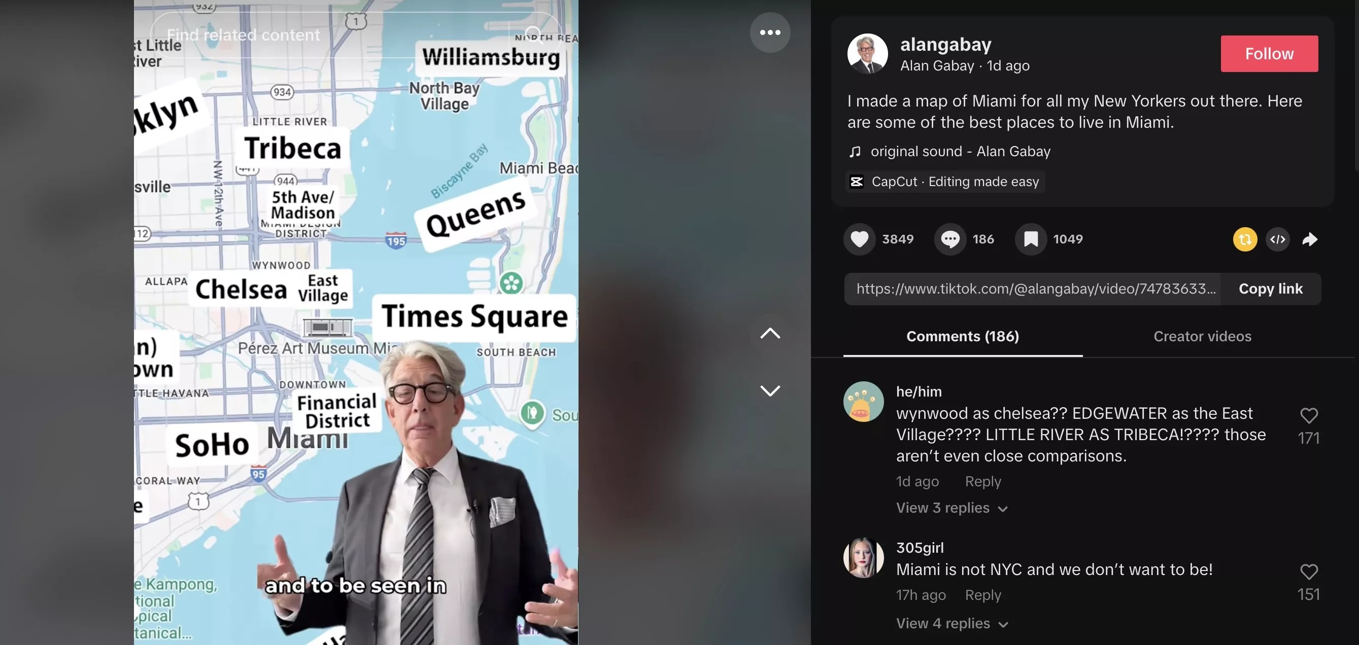Screenshot of Alan Gabay's TikTok showing his map of Miami for New Yorkers