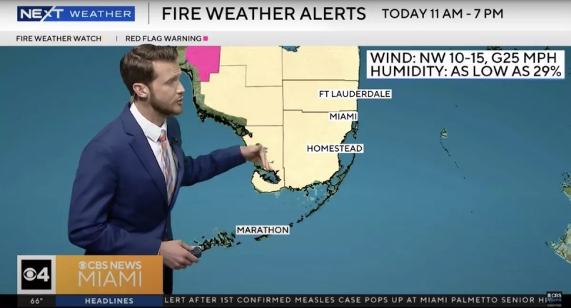 A photo of a meteorologist in front of a map showing the Fire Weather Watch across South Florida.