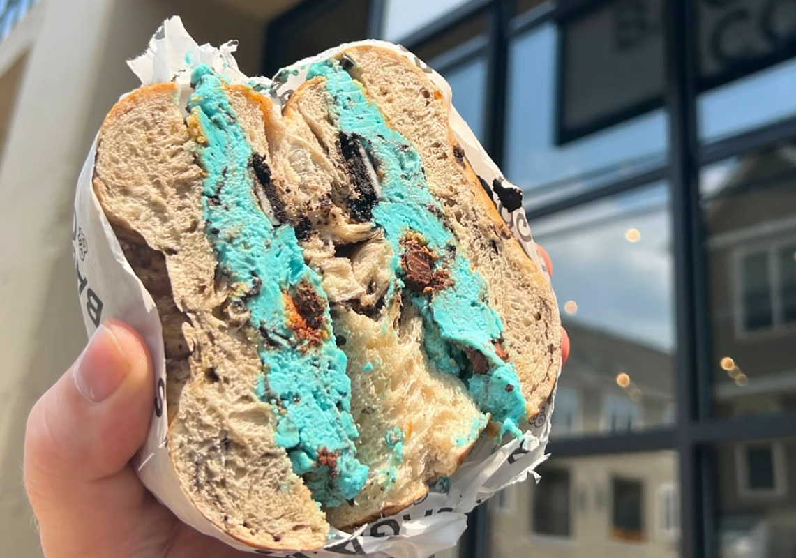 bagel sandwich with blue cream cheese