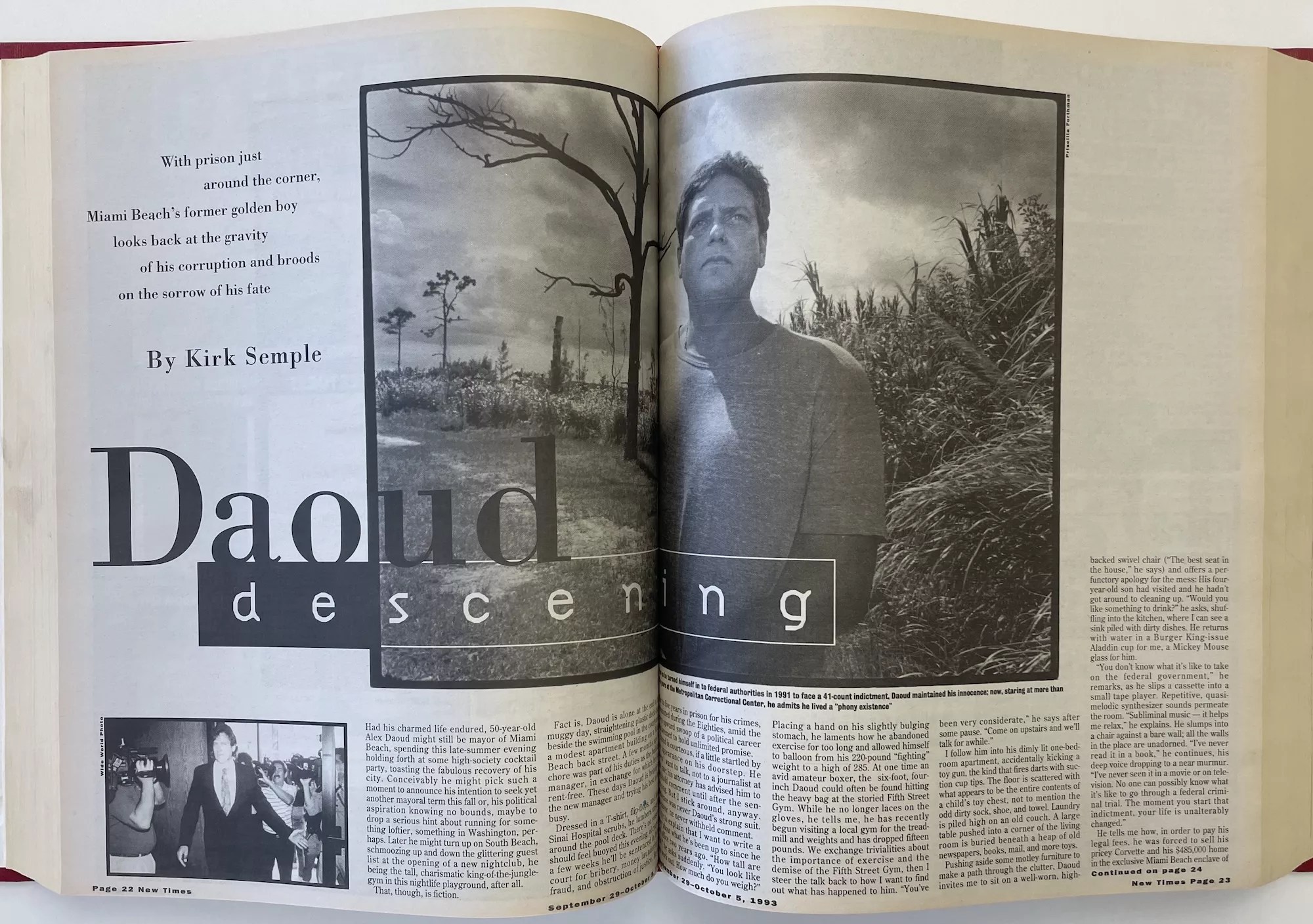 a photo of two facing pages of an alternative weekly newspaper that's archived in a hardbound volume