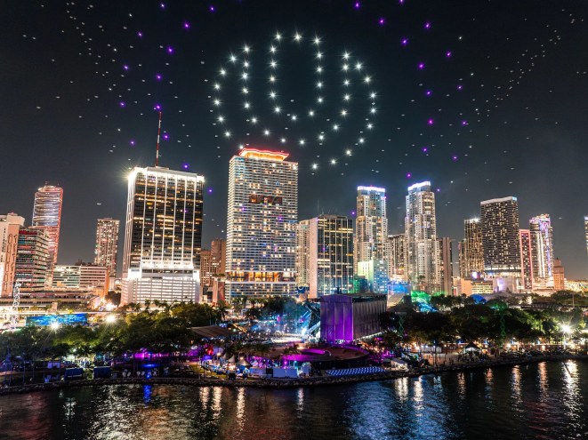 Drones above Ultra Music Festival in the shape of the Ultra logo