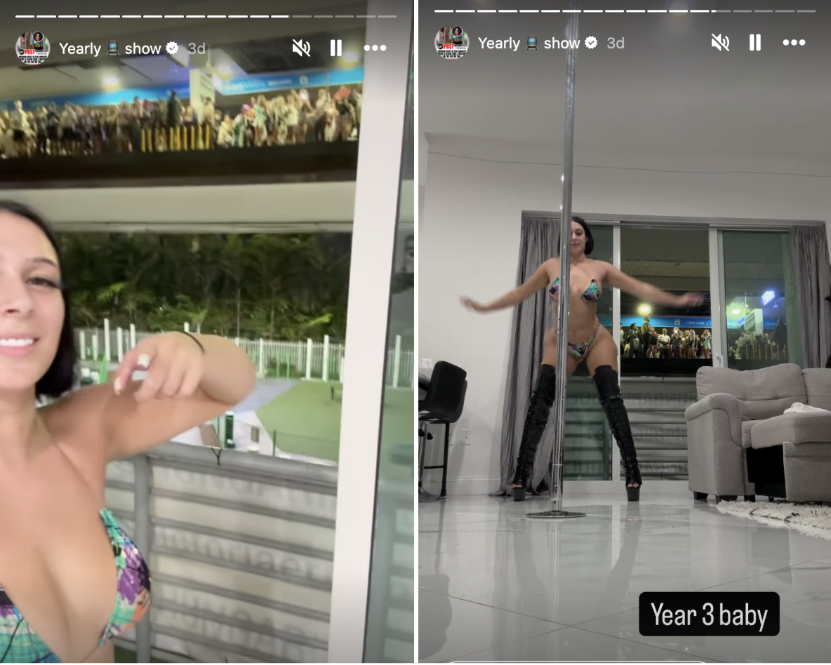 social media screenshots of a stripper dancing for a crowd on a train platform across from her apartment window