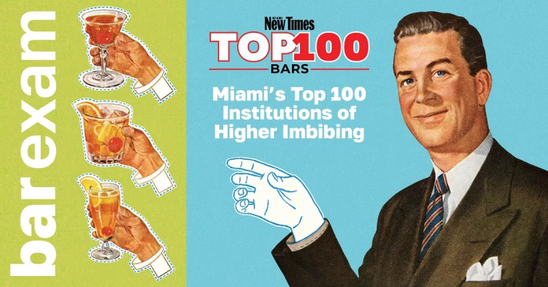 Top 100 Bars 2025 teaser graphic featuring a midcentury businessman-type dude with a paper doll tab where his hand should be and three different types of cocktails that a reader might "fill in" that tab with