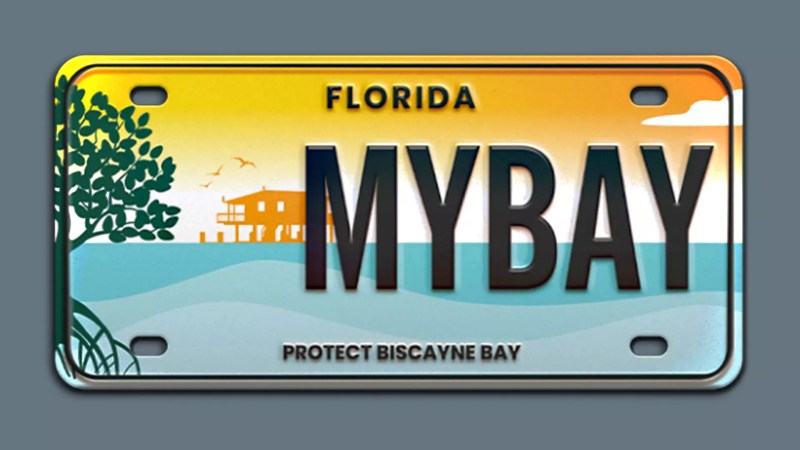 A "Protect Biscayne Bay" license plate features a sunset scene in orange and blue.