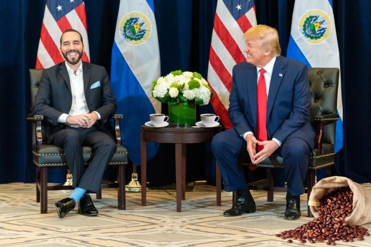 The president of El Salvador, Nayib Bukele, and Donald Trump have a chat while an artist conception of a bag of coffee beans rests in the corner