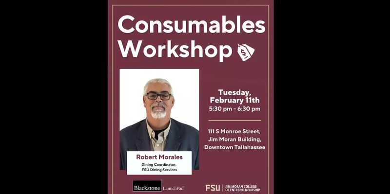 A screenshot of an ad for a workshop featuring Robert Morales, the dining coordinator for FSU's department of dining services.