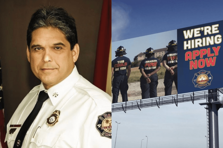 Former Miramar fire chief Ray Perez in uniform next to a Miramar Fire Rescue billboard that says, "We're Hiring Apply Now"