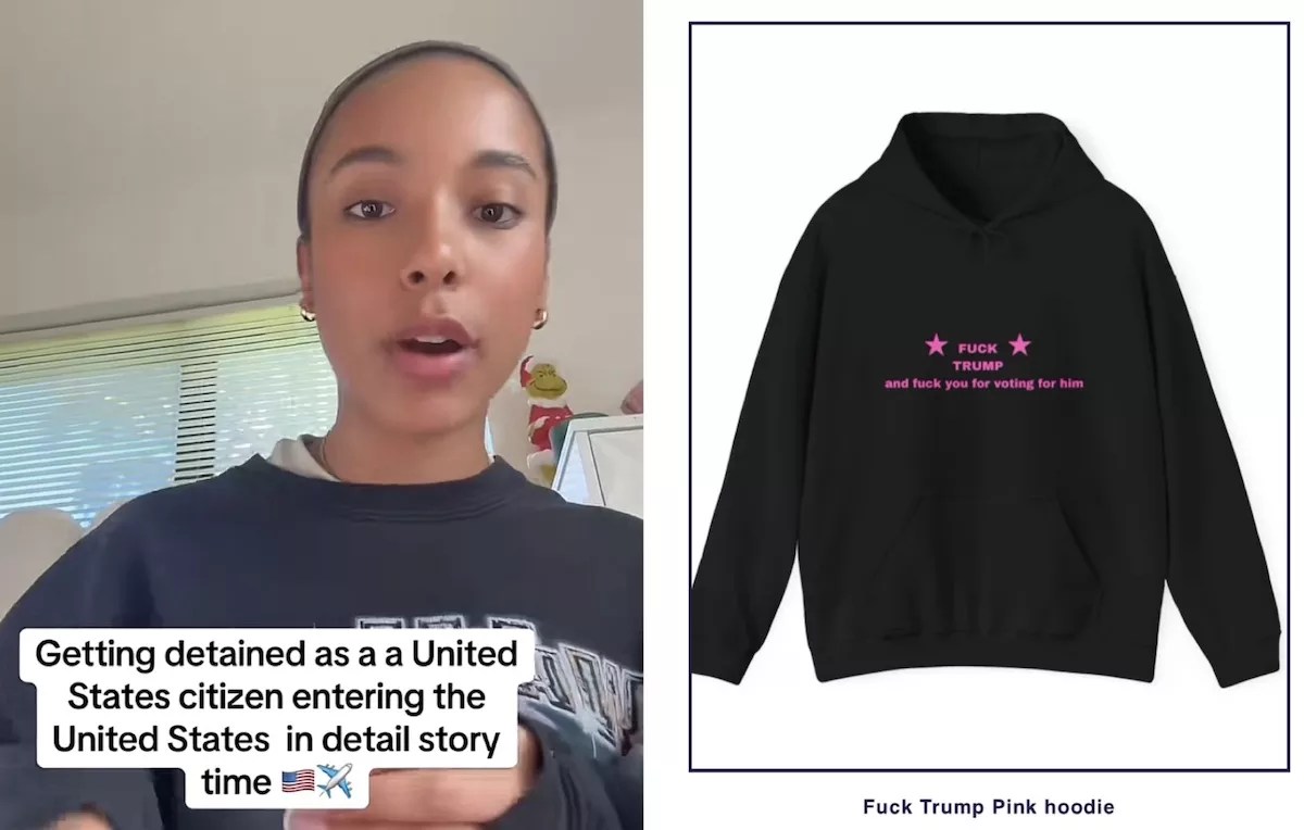 A photo of a young TikToker alongside a photo of a hoodie with the slogan "FUCK TRUMP, and fuck you for voting for him."