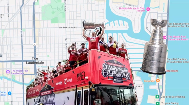 A graphic of the Florida Panthers hoisting the Stanley Cup on the bus during the 2024 parade sits on the overlay of a map of Fort Lauderdale and a photo of the Stanley Cup trophy is next to the Elbo Room location on the map