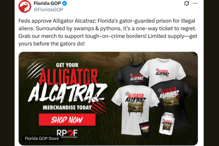 A screenshot of "Alligator Alcatraz" merch being sold by the Florida GOP.