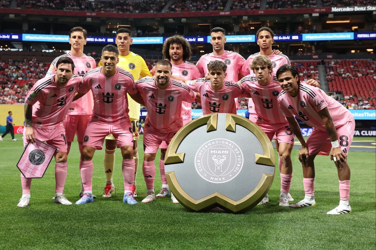 A Miami soccer team poses for a pre-game photo.