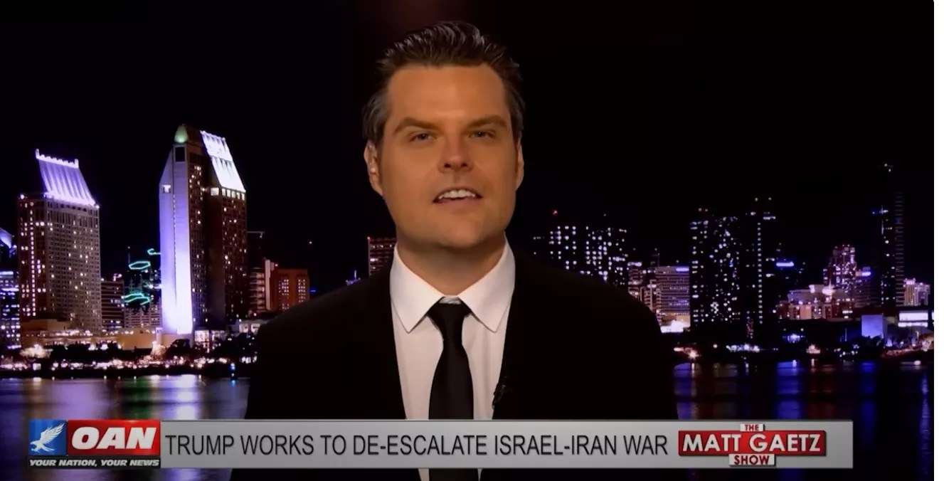 Matt Gaetz on his show with the banner, 'Trump works to de-escalate Israel-Iran War."
