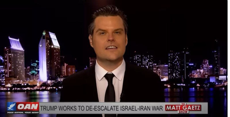 Matt Gaetz on his show with the banner, 'Trump works to de-escalate Israel-Iran War."