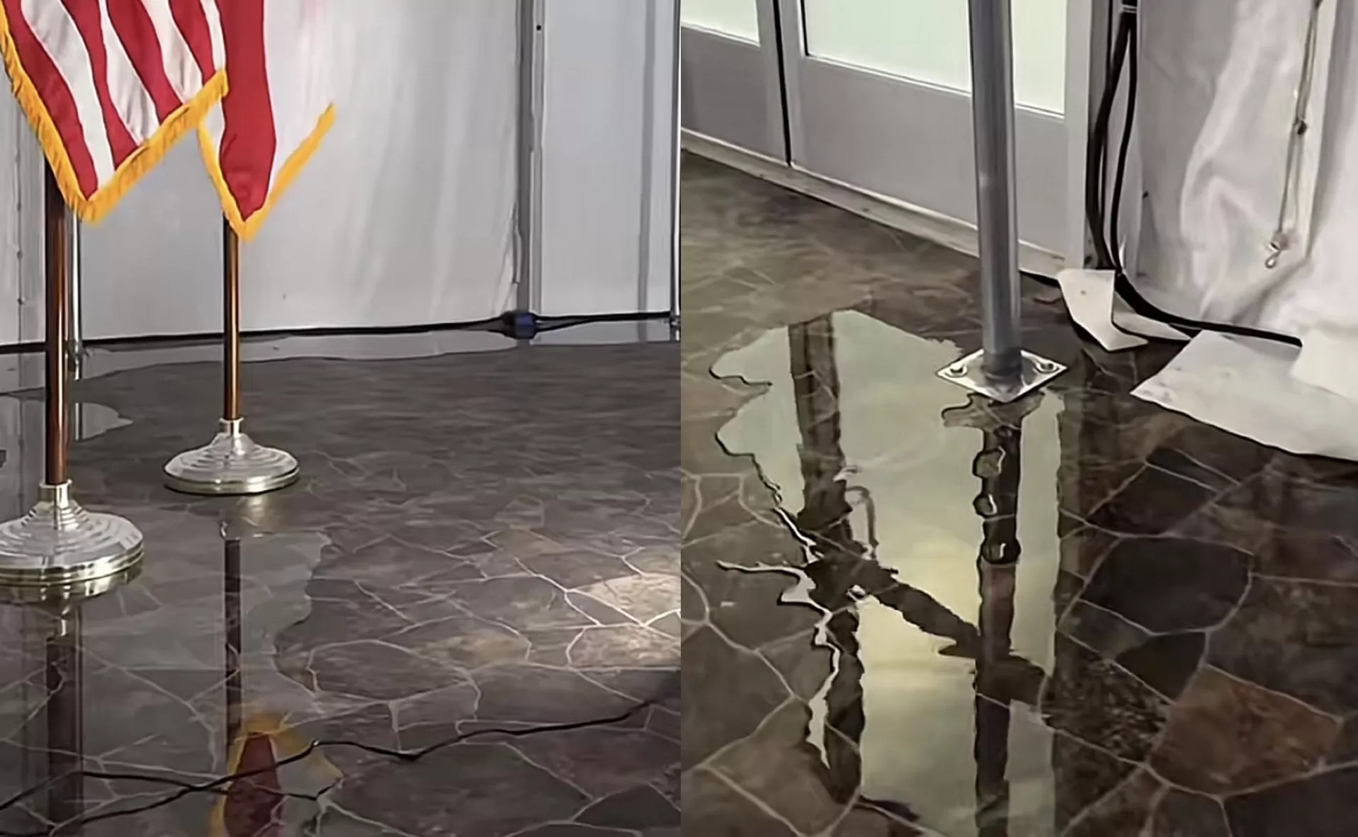 Photos show water seeping through the edges of a tent at Alligator Alcatraz.