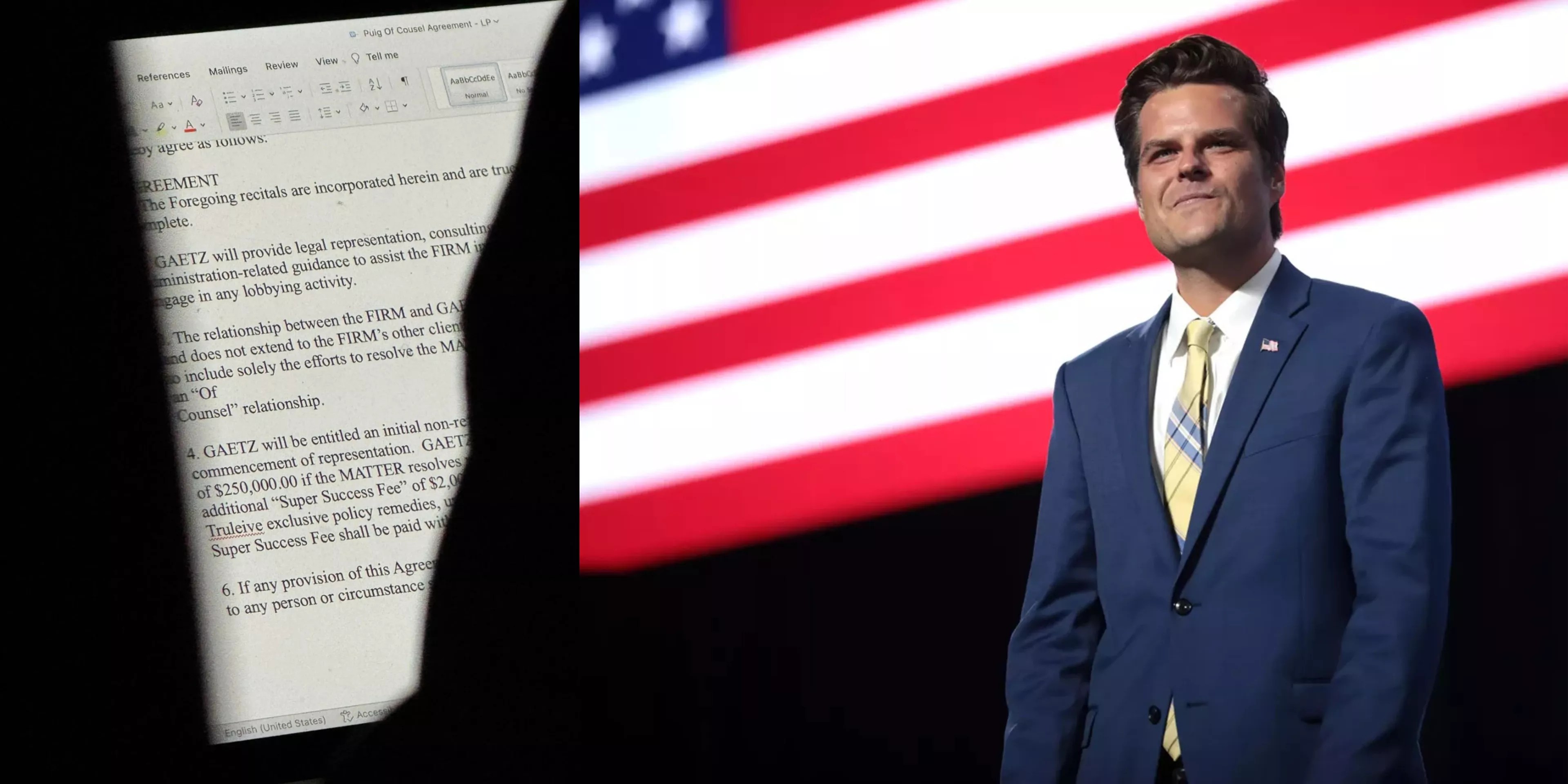 Matt Gaetz's laptop screen with a contract agreement up. Photo on right of Matt Gaetz standing in front of American flag