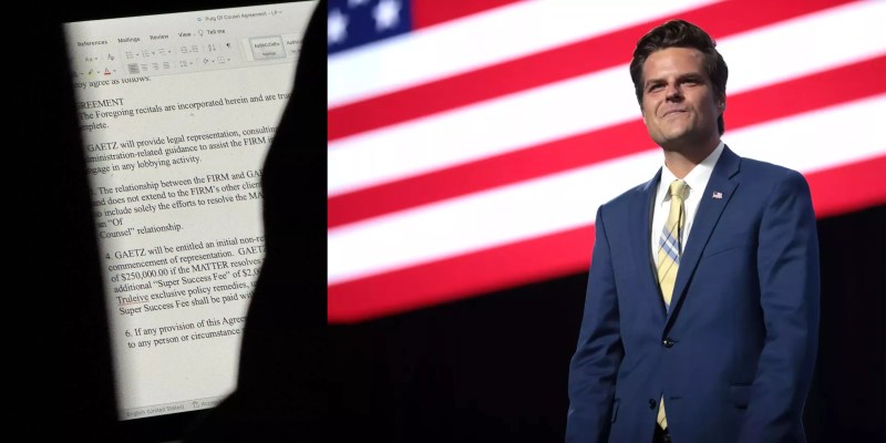 Matt Gaetz's laptop screen with a contract agreement up. Photo on right of Matt Gaetz standing in front of American flag