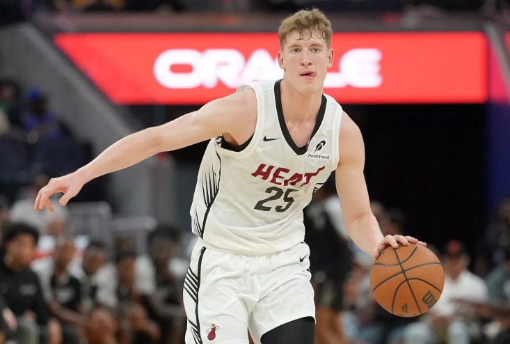 Kasparas Jakučionis, the Miami Heat's 19-year-old first-round pick in the 2025 NBA Draft, dribbles in a summer league game
