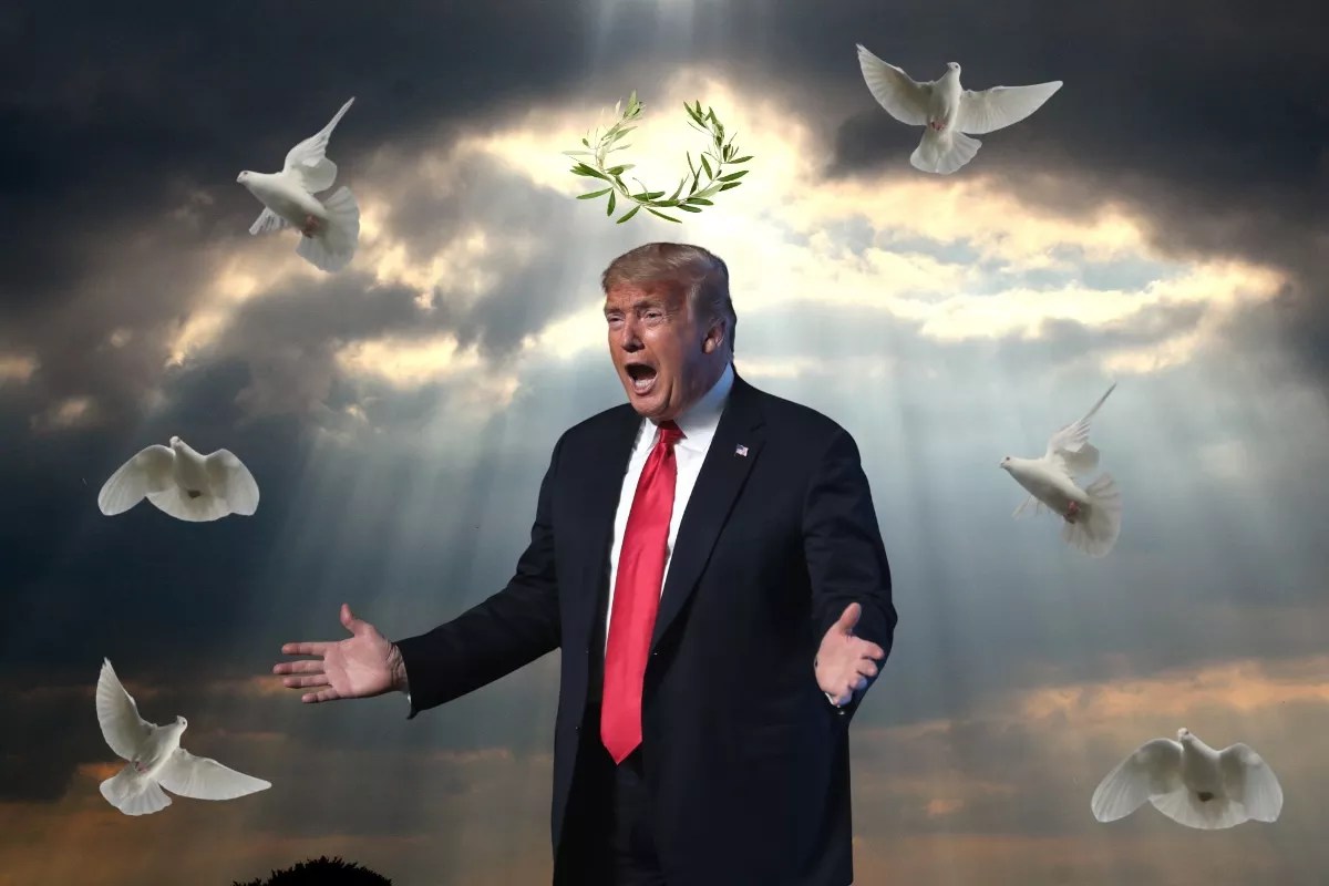 President Donald Trump spreads his arms as doves fly around him in an altered photo.