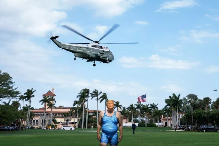An AI-generated photo shows President Donald Trump in a bathing suit at Mar-A-Lago in Palm Beach.