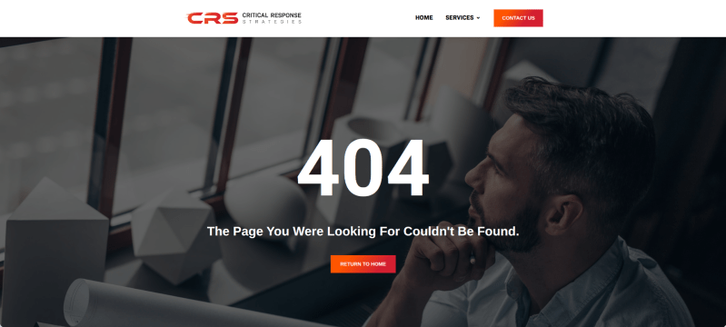 A screenshot shows a "404" error message where the "Our Leaders" page once lived on the website for Critical Response Strategies, a Jacksonville-based firm awarded a $78 million contract for security and support services at the site.