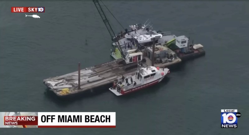Aerial shot of the scene where two girls were killed after a barge collided with a small sailboat  in Biscayne Bay on July 28, 2025.