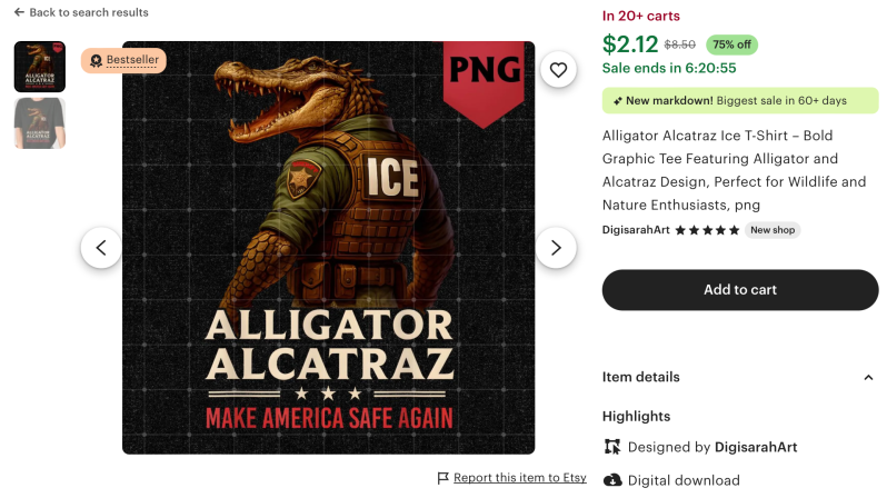 A shirt print shows an apparent AI image of an alligator dressed in law enforcement garb.