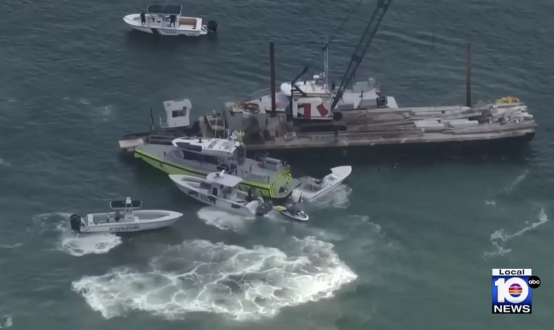 aerial photo showing the aftermath of a July 28, 2025, collision between a barge and a small sailboat off Hibiscus Island north of the MacArthur Causeway, Miami Beach