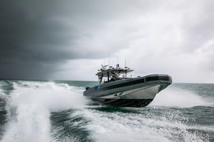 A U.S. Customs and Border Protection boat patrols the waters near Miami Beach.