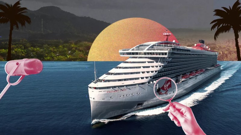 Graphic of cruise with a magnifying class and sun setting