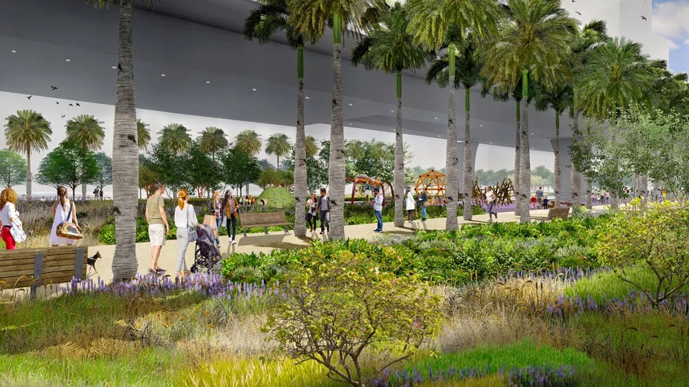 Rendering of people walking under the elevated I-395 highway