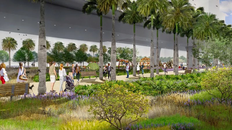 Rendering of people walking under the elevated I-395 highway