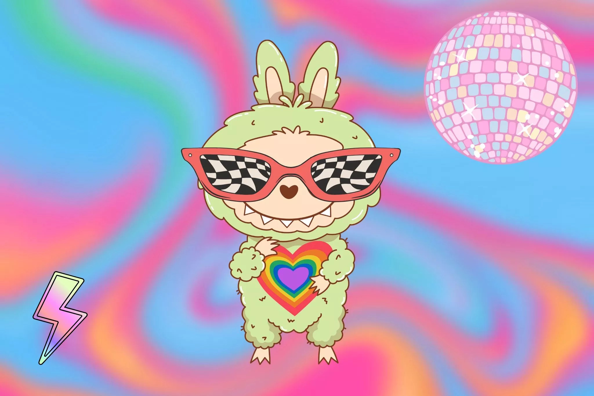 Illustration of a labubu at a rave.