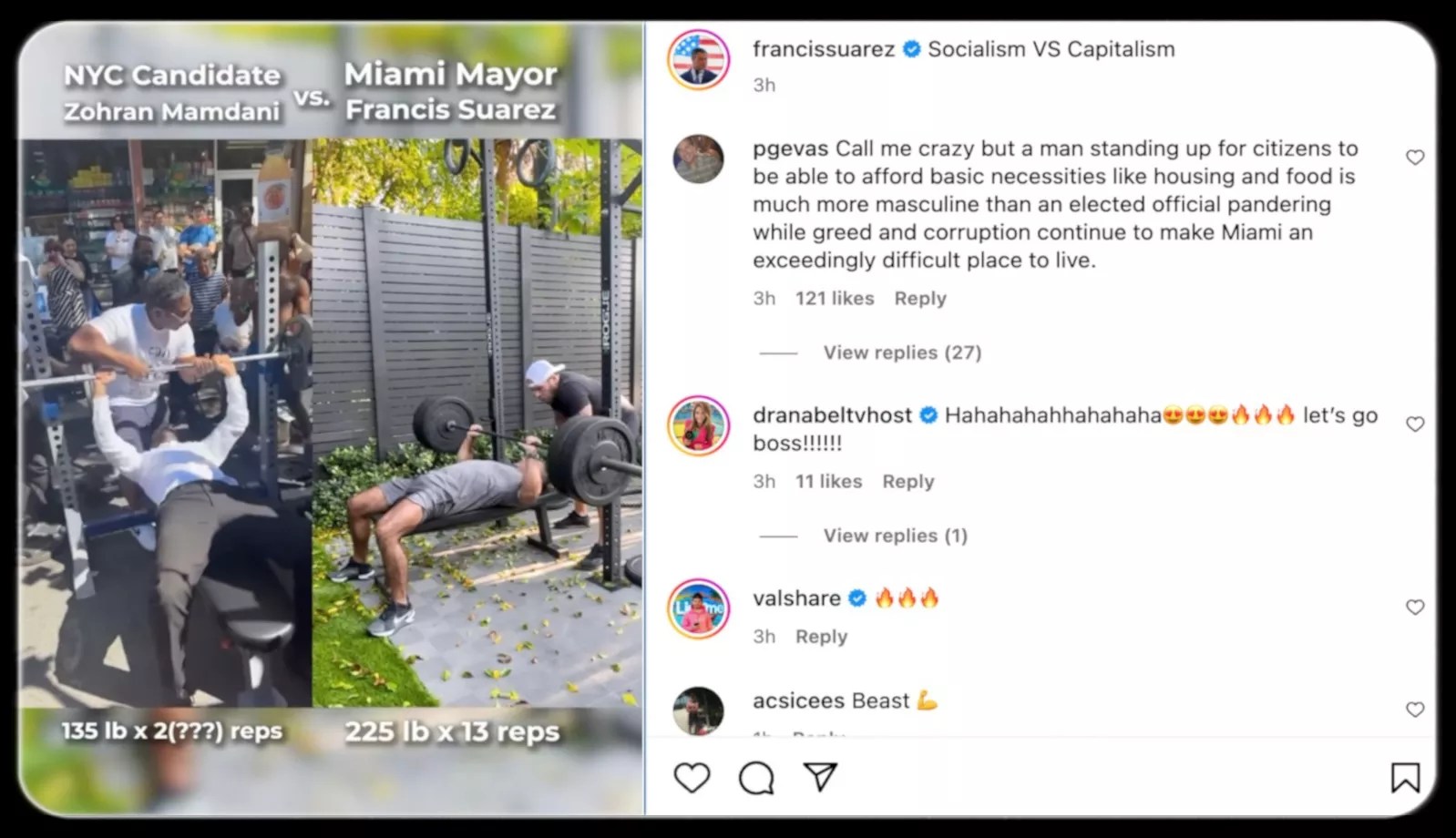 A screenshot of a video in which Miami Mayor Francis Suarez compared himself bench pressing what appears to be more weight than New York City mayoral candidate Zohran Mamdani, who is shown lifting what many agree appears to be 135 pounds.