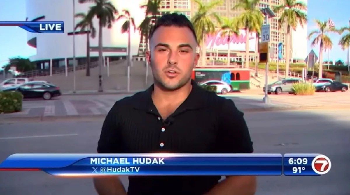 A screenshot of reporter Michael Hudak doing a live broadcast in front of the Kaseya Center in downtown Miami.