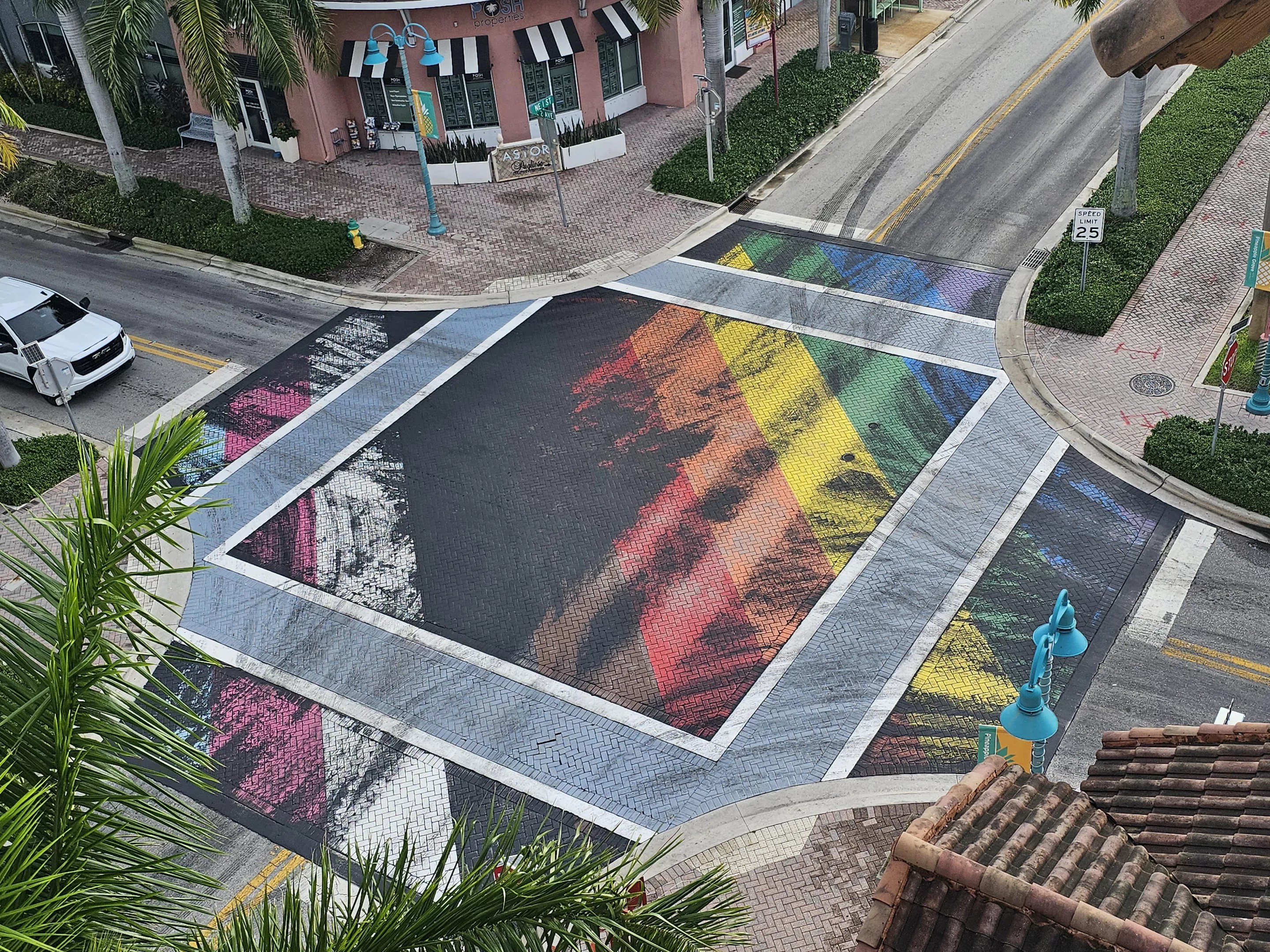 Depicted is a blacked-out pride street display in Delray Beach.