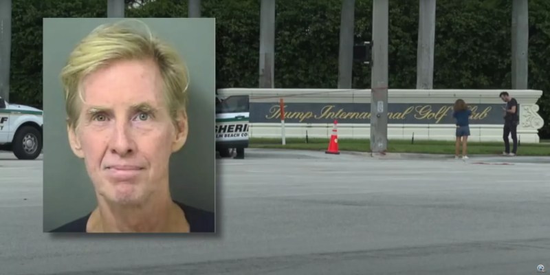 Ryan Routh mugshot overlaid video of entrance of Trump International Golf Club in West Palm Beach