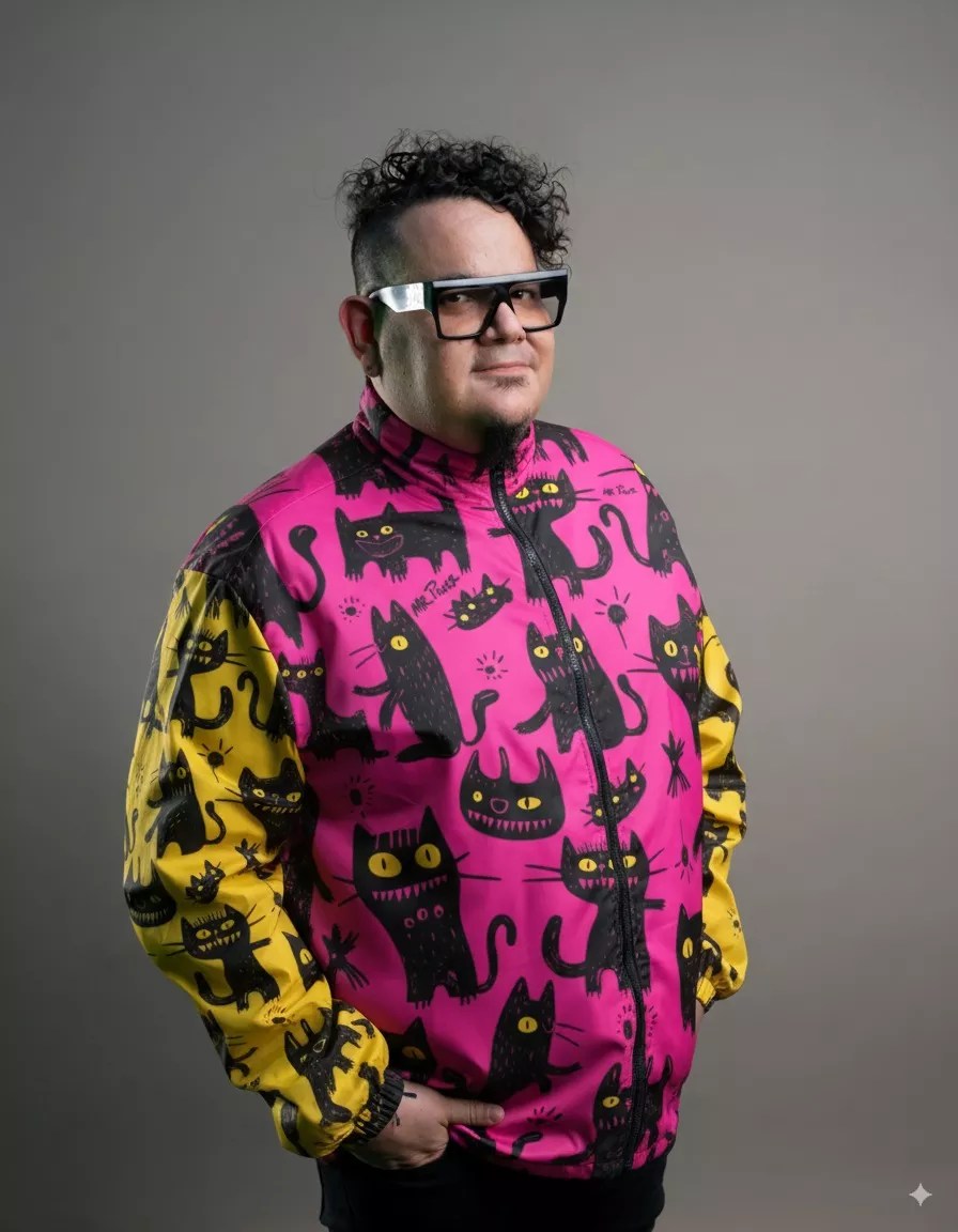 Portrait of a man wearing glasses and a colorful jacket.